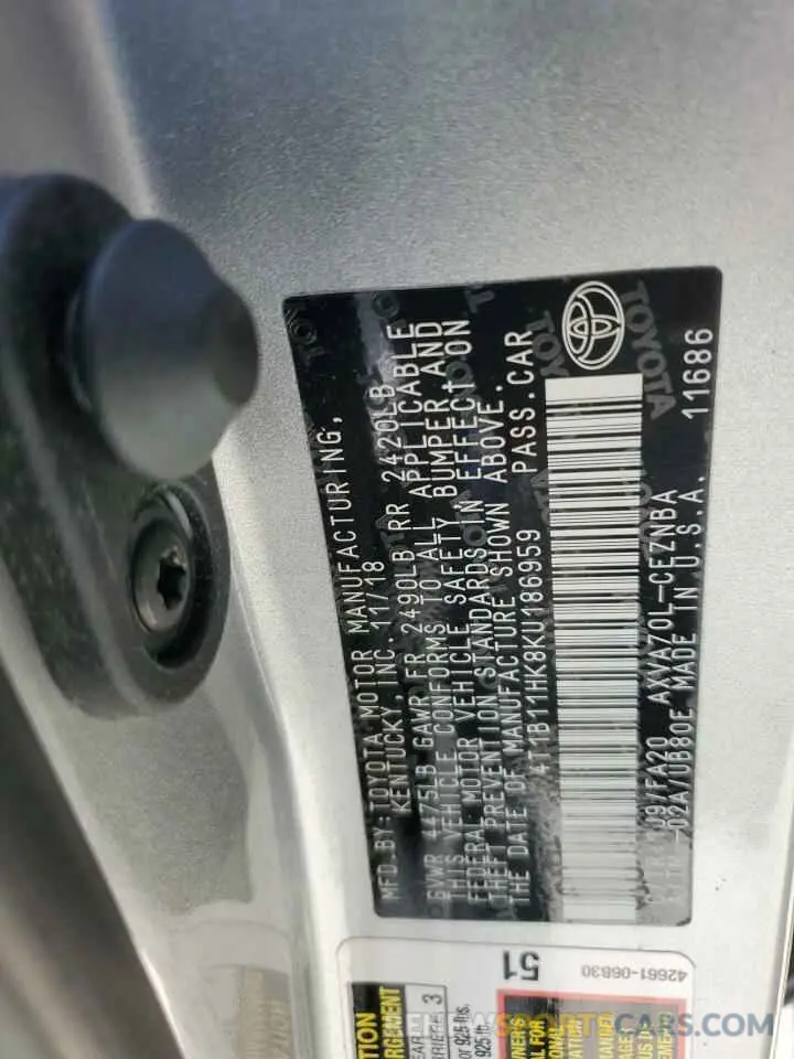 14 fotografías del automóvil dañado 4T1B11HK8KU186959 TOYOTA CAMRY 2019