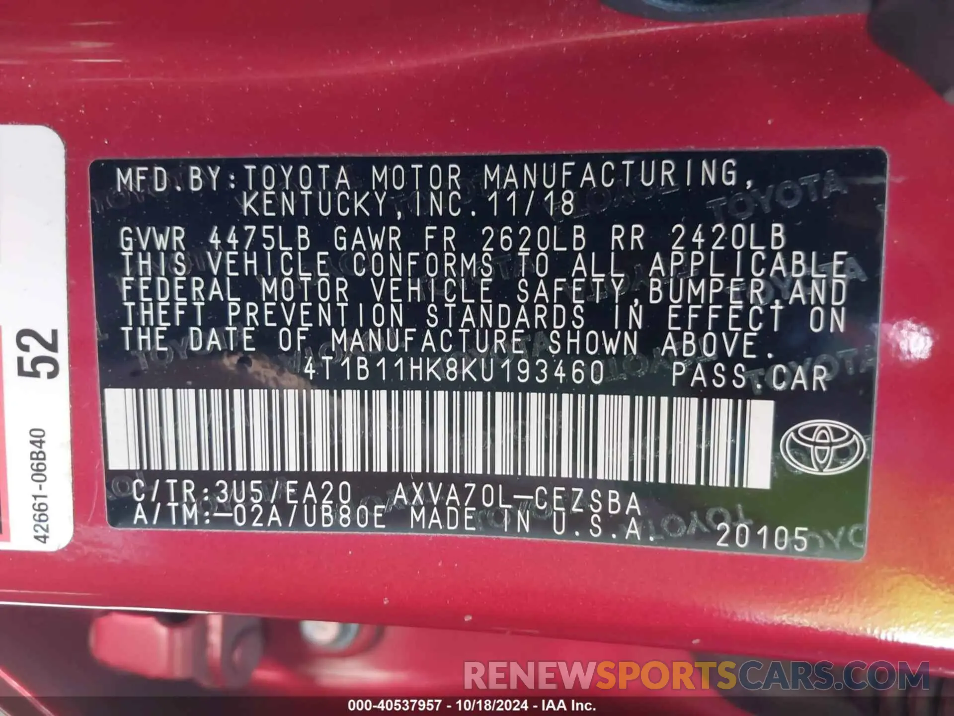 9 fotografías del automóvil dañado 4T1B11HK8KU193460 TOYOTA CAMRY 2019