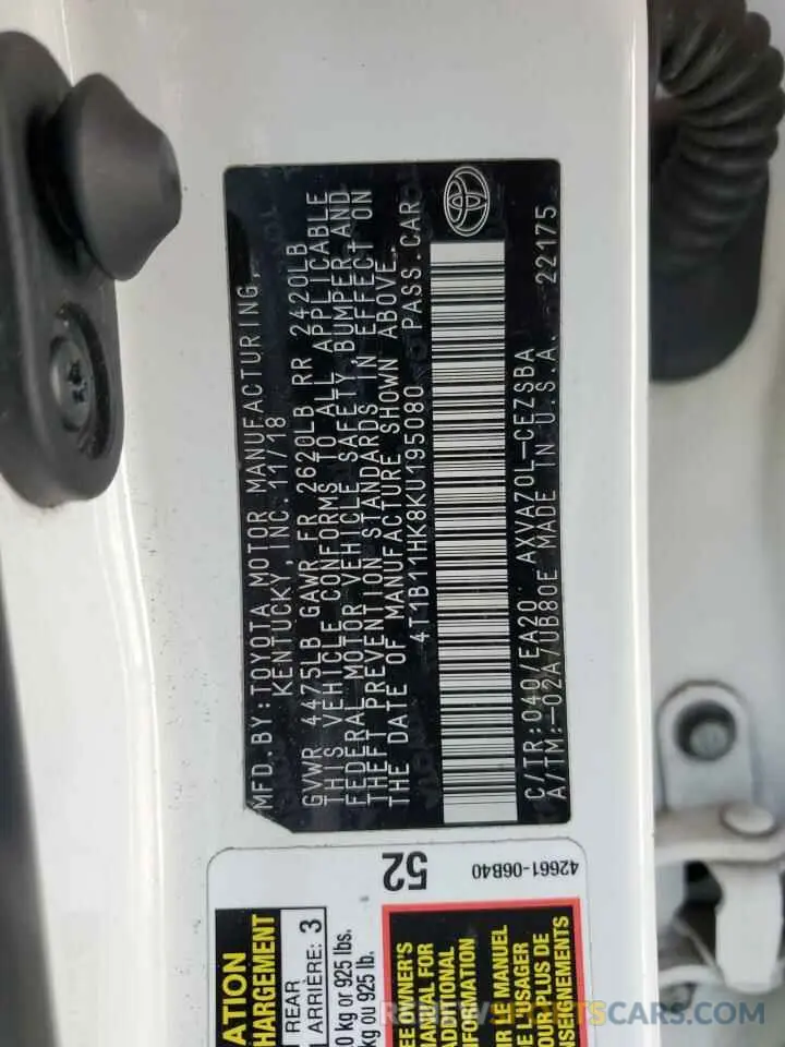 12 fotografías del automóvil dañado 4T1B11HK8KU195080 TOYOTA CAMRY 2019