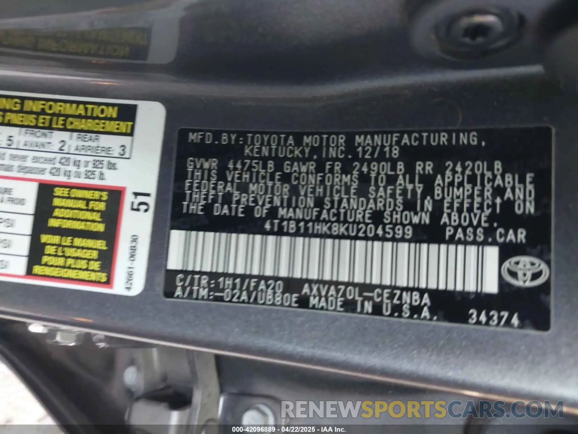 9 fotografías del automóvil dañado 4T1B11HK8KU204599 TOYOTA CAMRY 2019