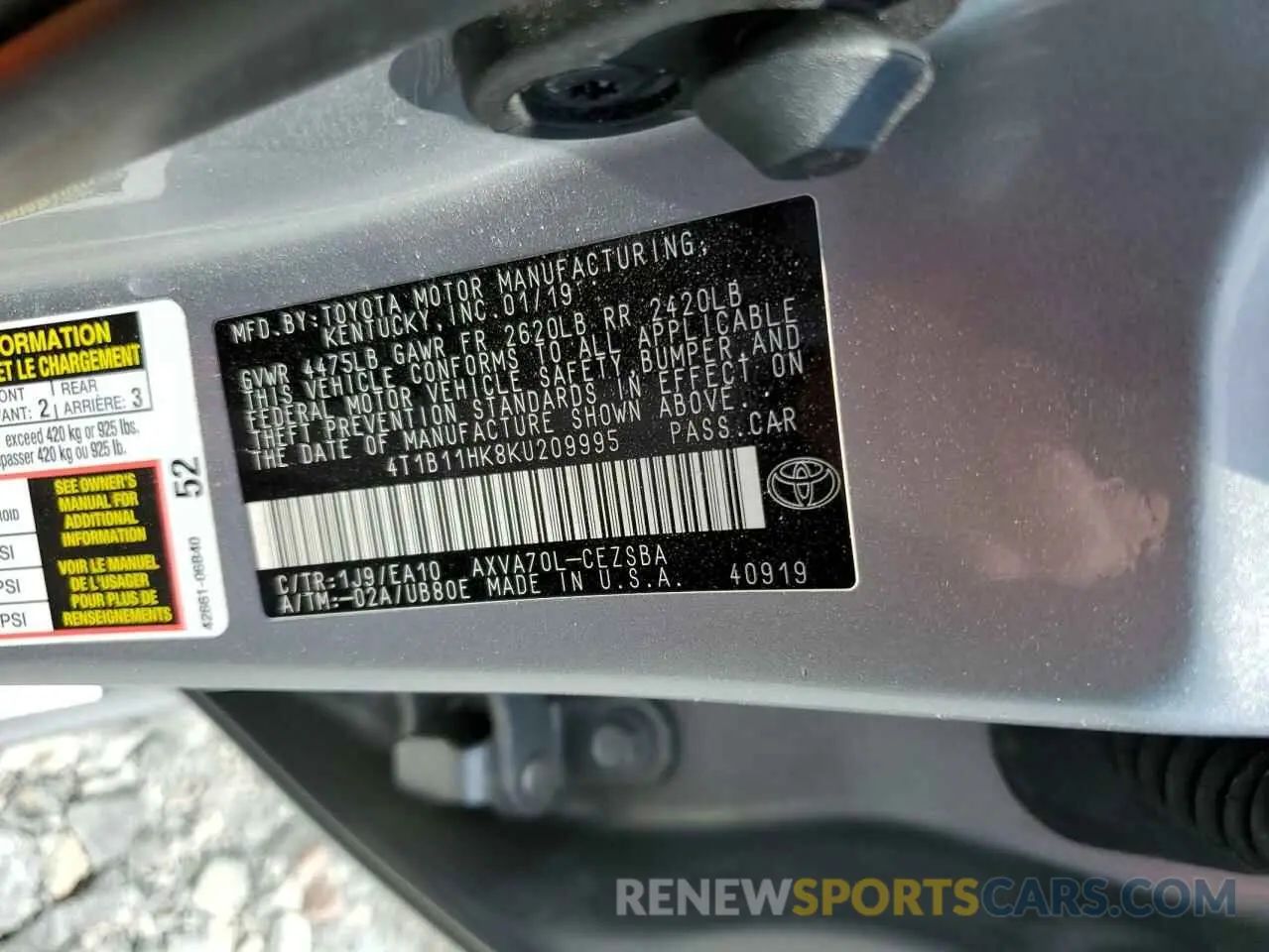 13 fotografías del automóvil dañado 4T1B11HK8KU209995 TOYOTA CAMRY 2019
