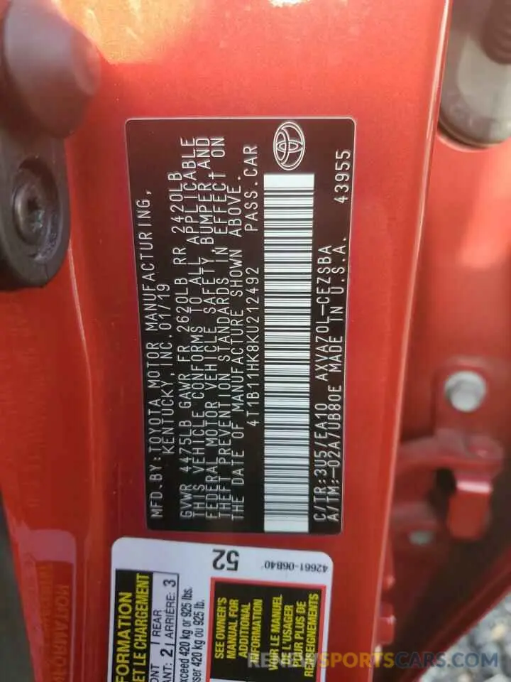 14 fotografías del automóvil dañado 4T1B11HK8KU212492 TOYOTA CAMRY 2019