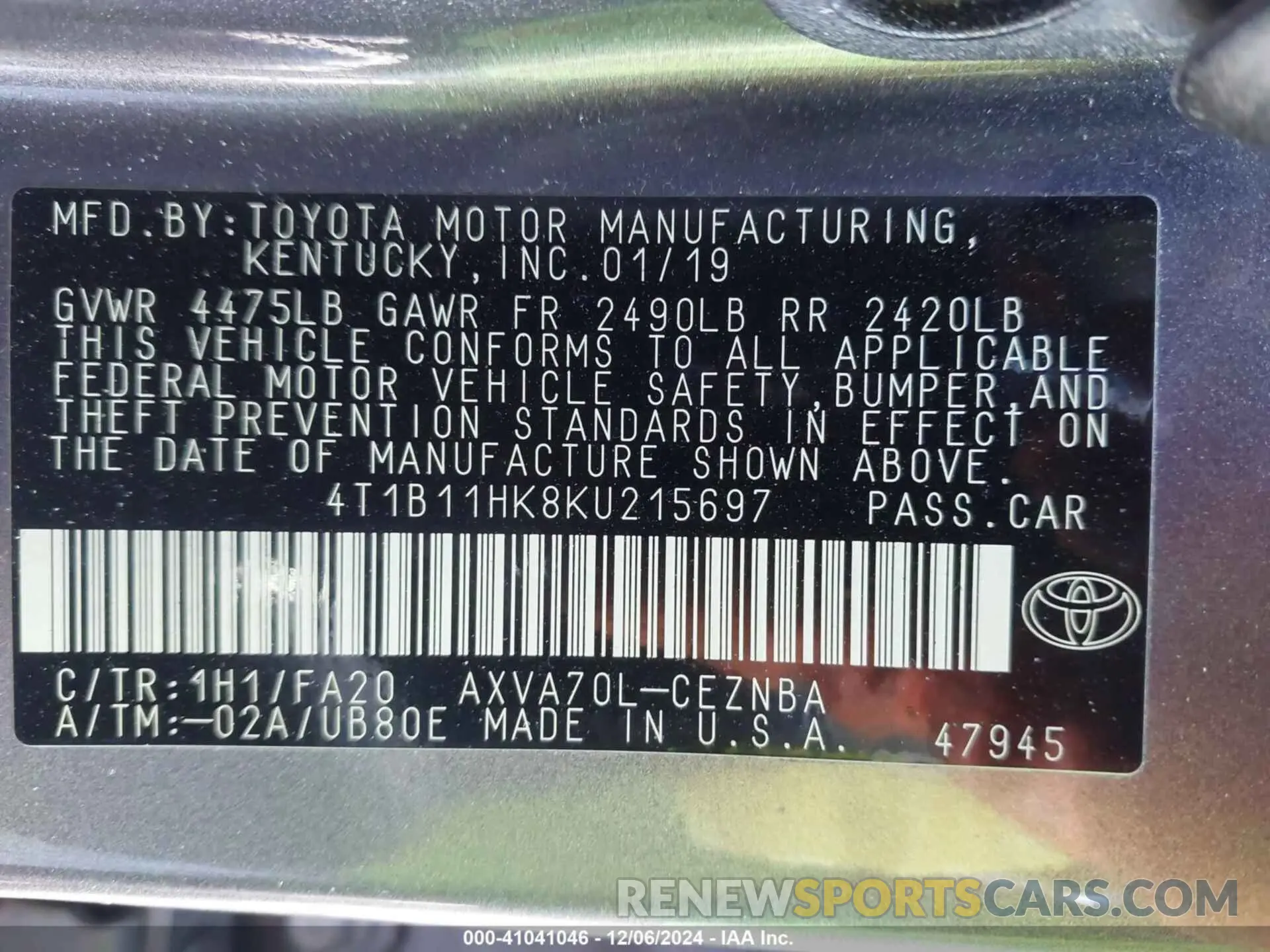 9 fotografías del automóvil dañado 4T1B11HK8KU215697 TOYOTA CAMRY 2019