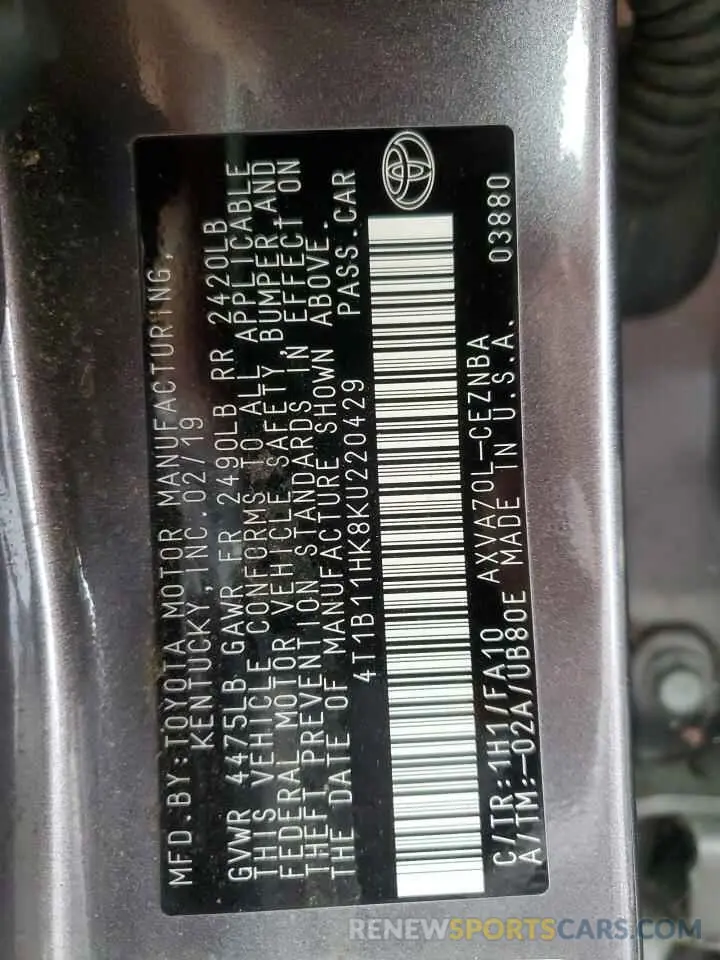 12 fotografías del automóvil dañado 4T1B11HK8KU220429 TOYOTA CAMRY 2019