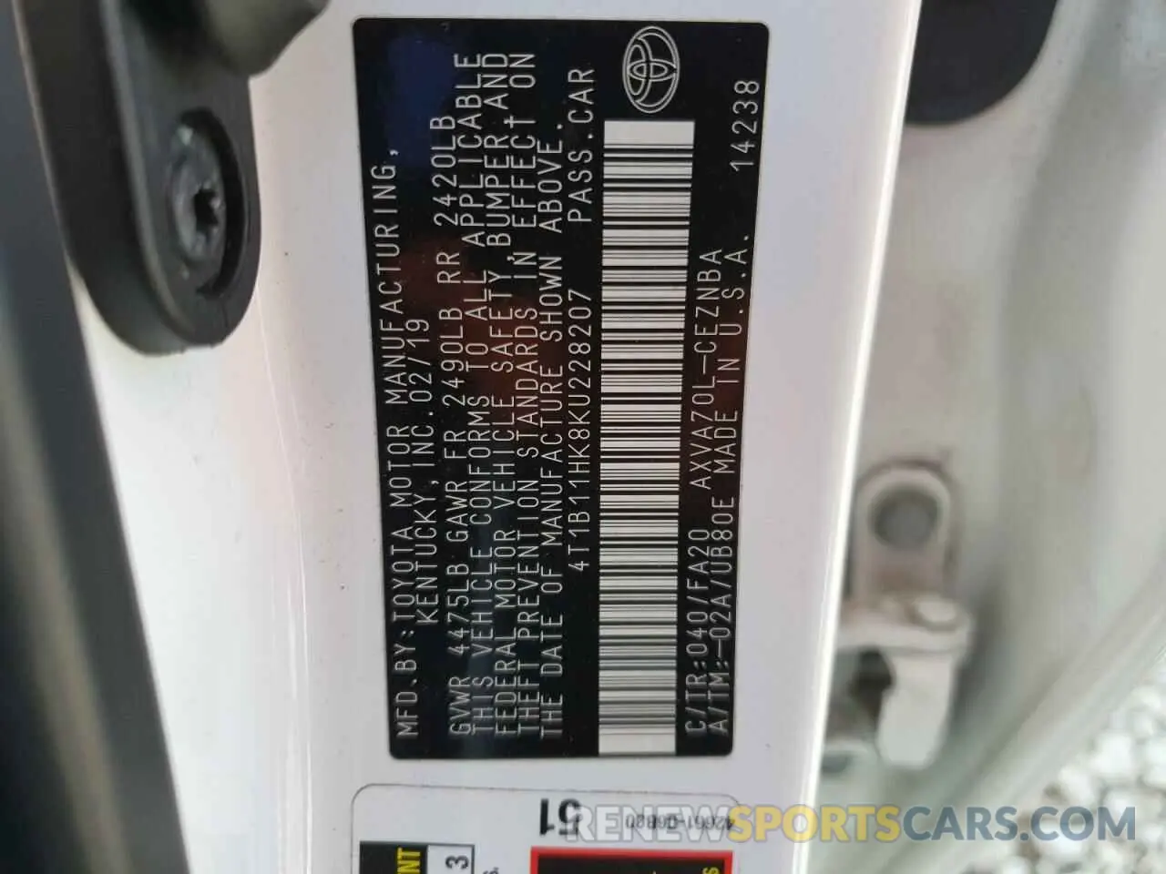13 fotografías del automóvil dañado 4T1B11HK8KU228207 TOYOTA CAMRY 2019
