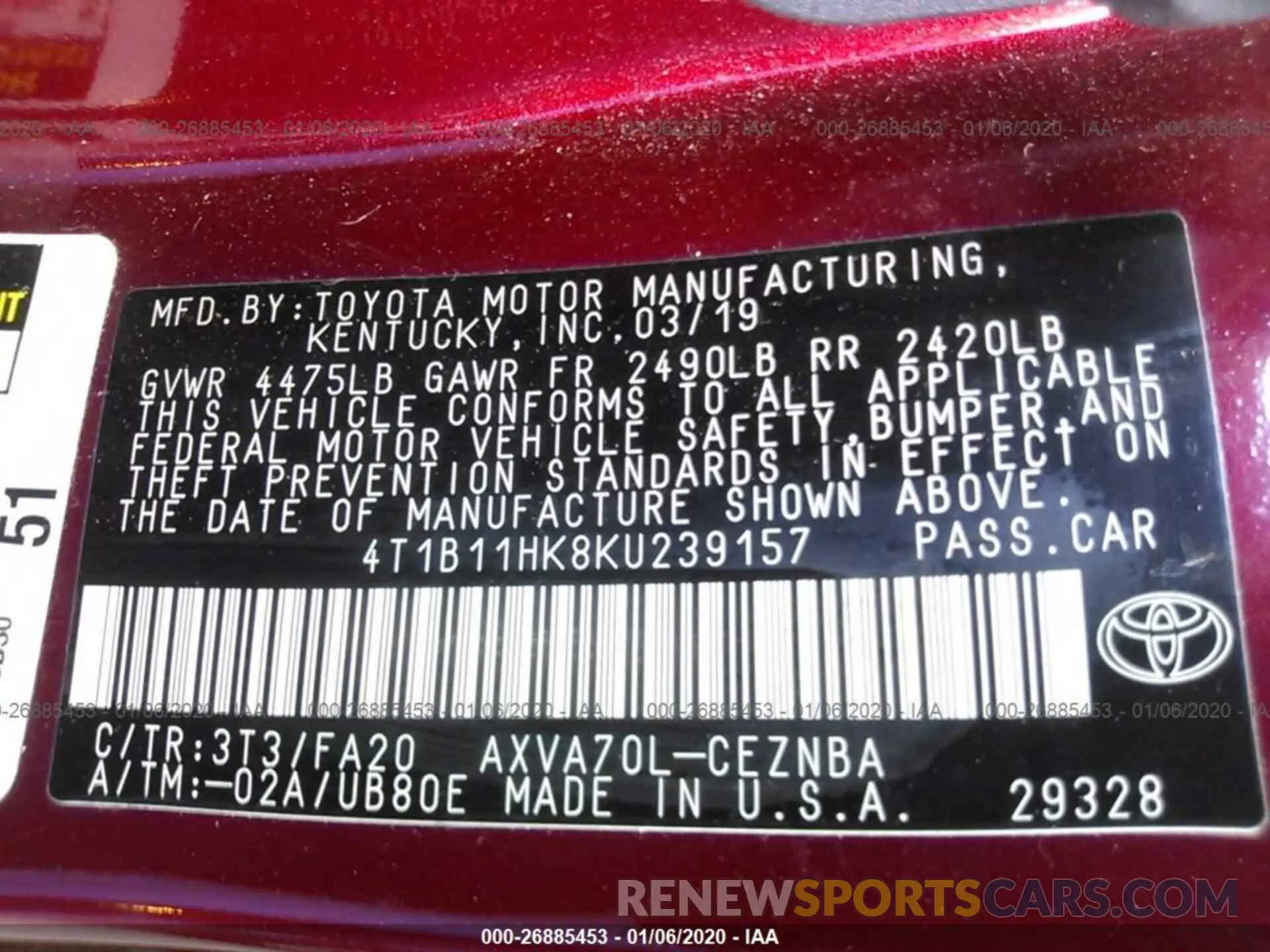 9 fotografías del automóvil dañado 4T1B11HK8KU239157 TOYOTA CAMRY 2019