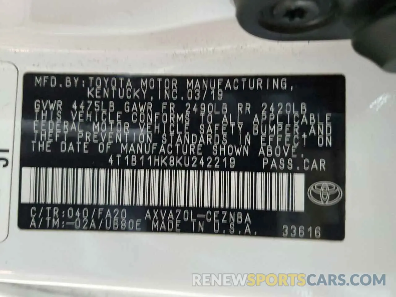 12 fotografías del automóvil dañado 4T1B11HK8KU242219 TOYOTA CAMRY 2019