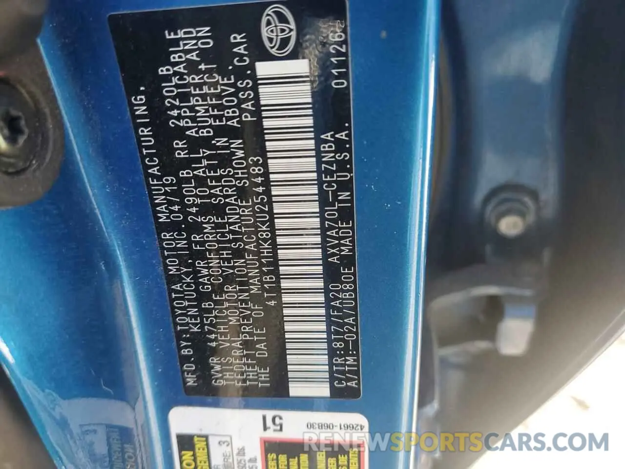 12 fotografías del automóvil dañado 4T1B11HK8KU254483 TOYOTA CAMRY 2019