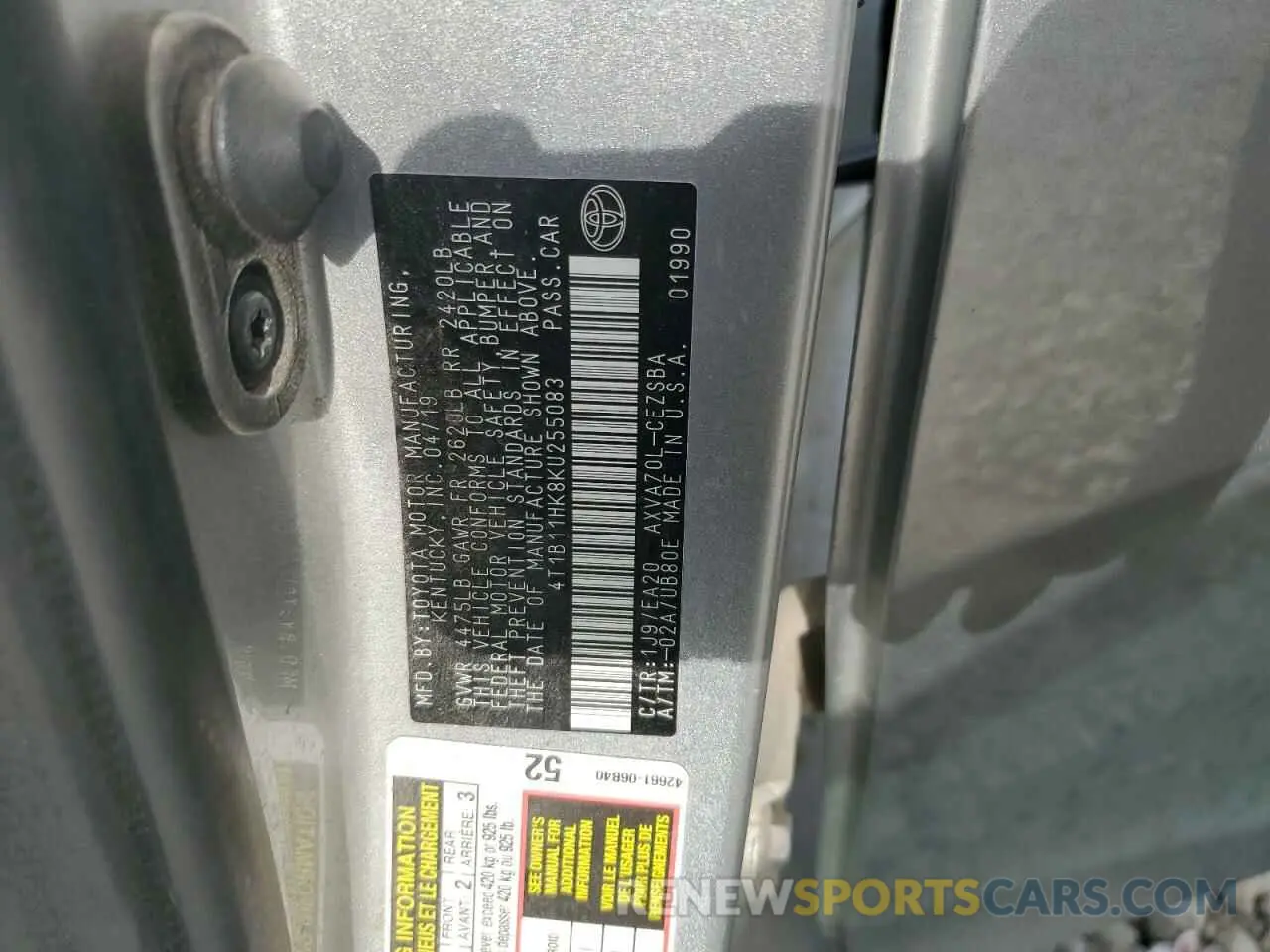 13 fotografías del automóvil dañado 4T1B11HK8KU255083 TOYOTA CAMRY 2019