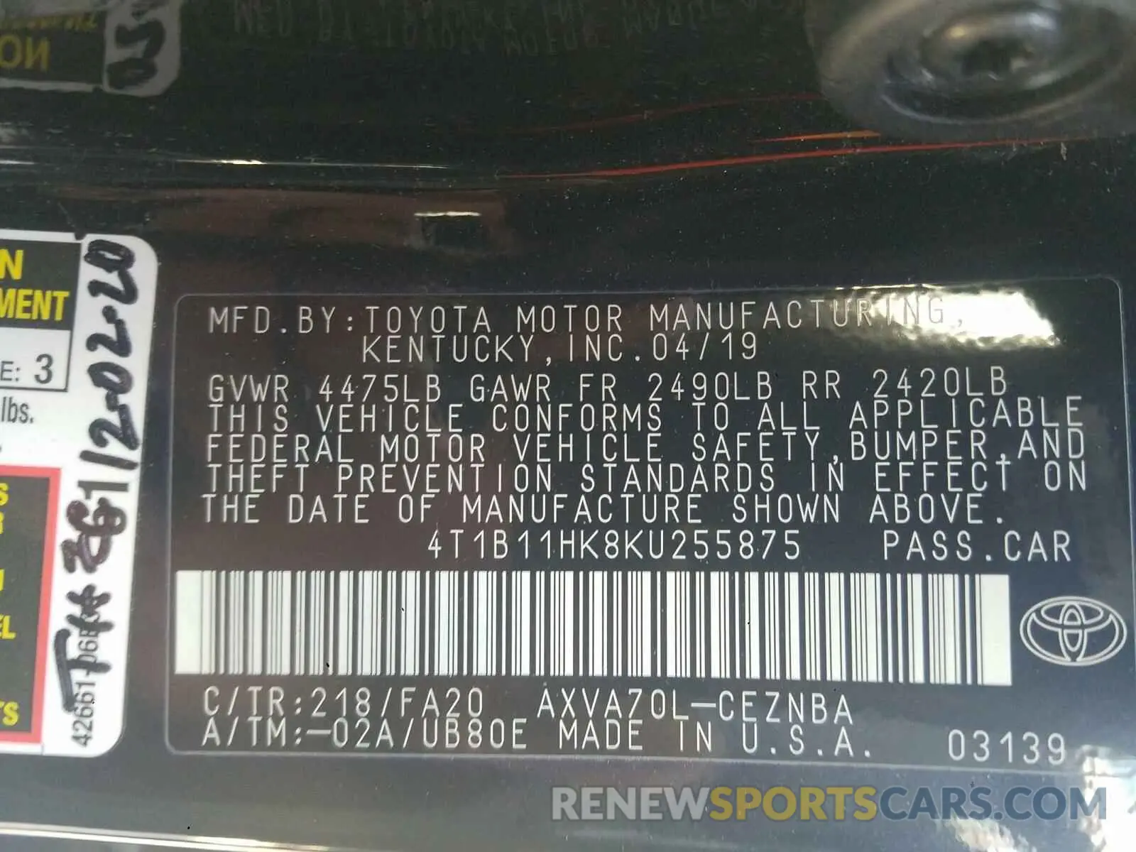 10 fotografías del automóvil dañado 4T1B11HK8KU255875 TOYOTA CAMRY 2019