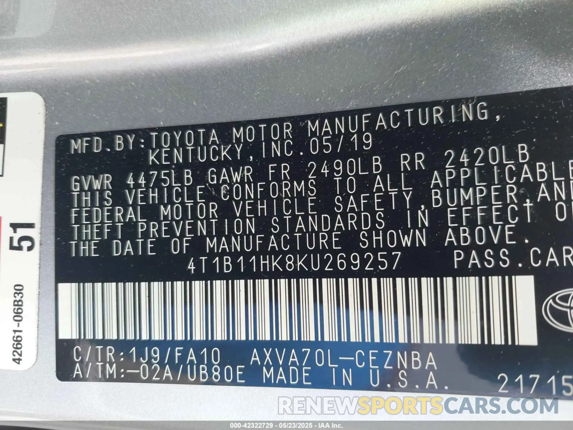 9 fotografías del automóvil dañado 4T1B11HK8KU269257 TOYOTA CAMRY 2019