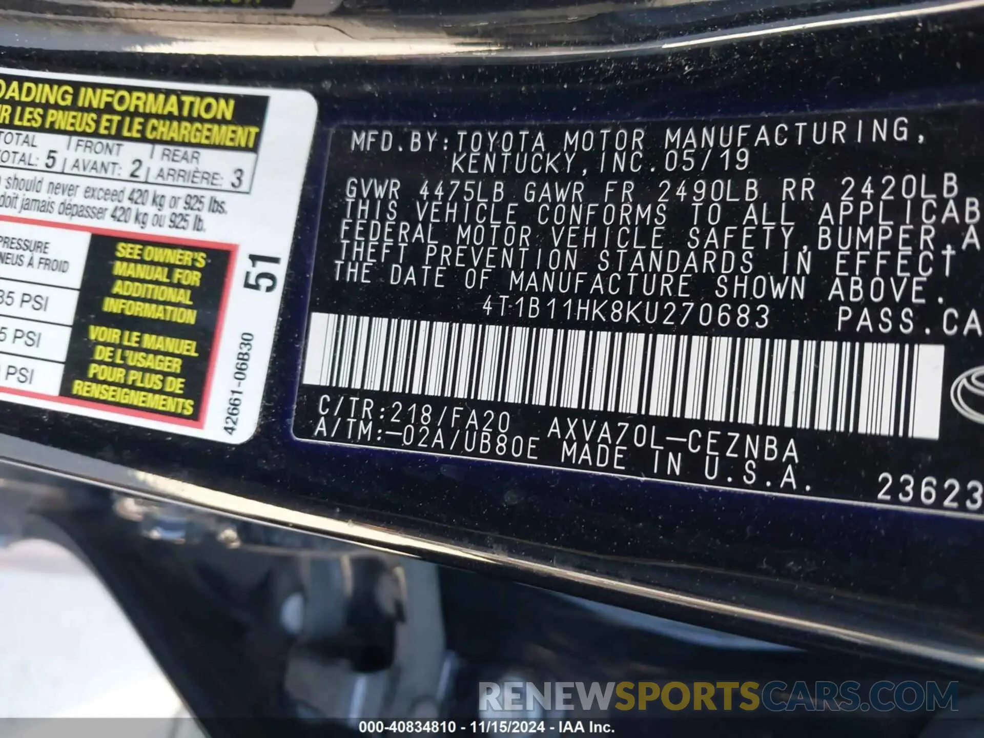 9 fotografías del automóvil dañado 4T1B11HK8KU270683 TOYOTA CAMRY 2019