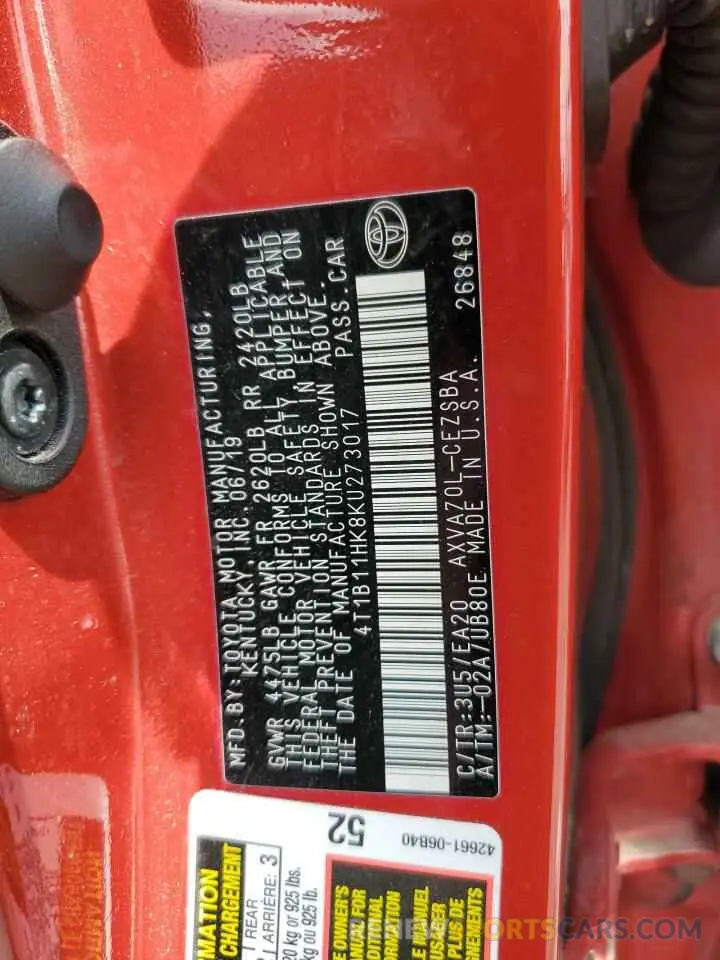 12 fotografías del automóvil dañado 4T1B11HK8KU273017 TOYOTA CAMRY 2019