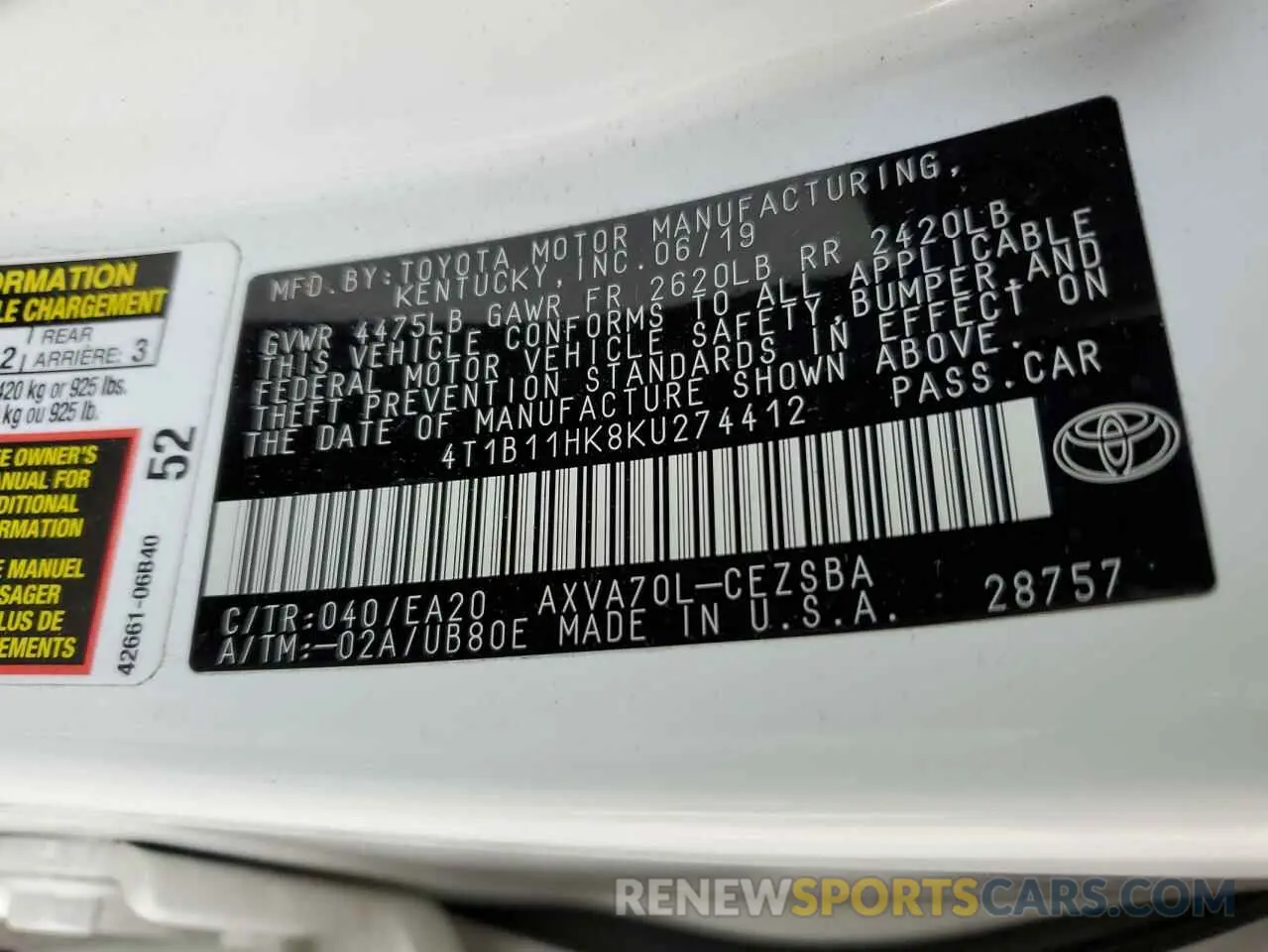10 fotografías del automóvil dañado 4T1B11HK8KU274412 TOYOTA CAMRY 2019