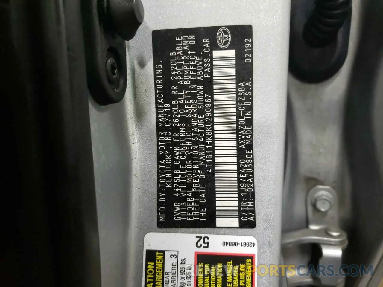 13 fotografías del automóvil dañado 4T1B11HK8KU290867 TOYOTA CAMRY 2019