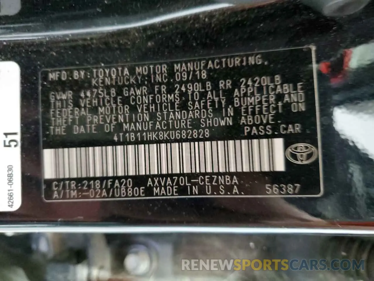 12 fotografías del automóvil dañado 4T1B11HK8KU682828 TOYOTA CAMRY 2019