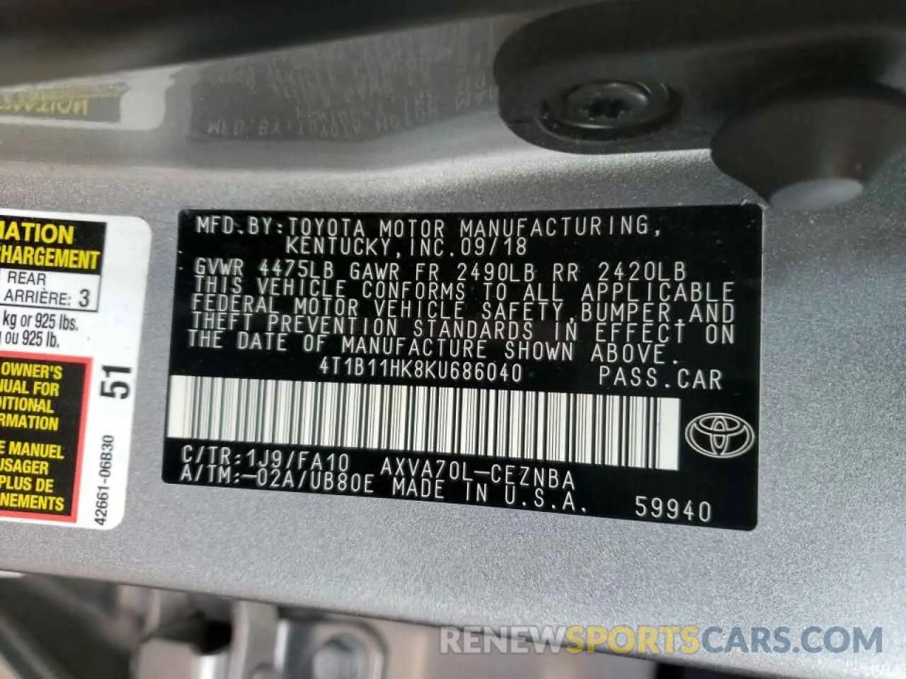 10 fotografías del automóvil dañado 4T1B11HK8KU686040 TOYOTA CAMRY 2019