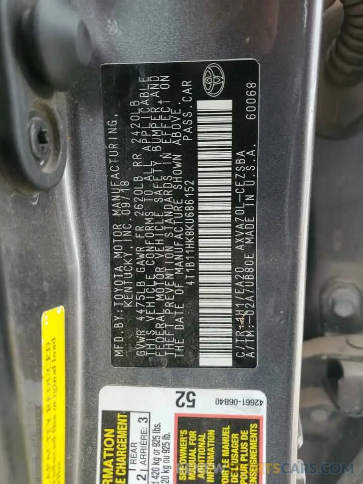 14 fotografías del automóvil dañado 4T1B11HK8KU686152 TOYOTA CAMRY 2019