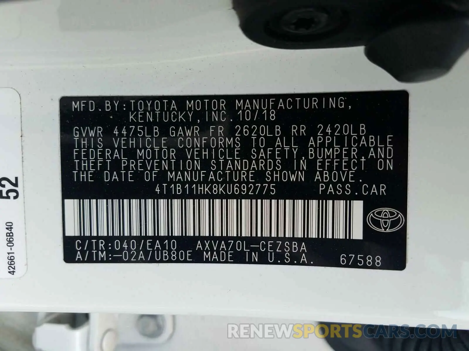 10 fotografías del automóvil dañado 4T1B11HK8KU692775 TOYOTA CAMRY 2019