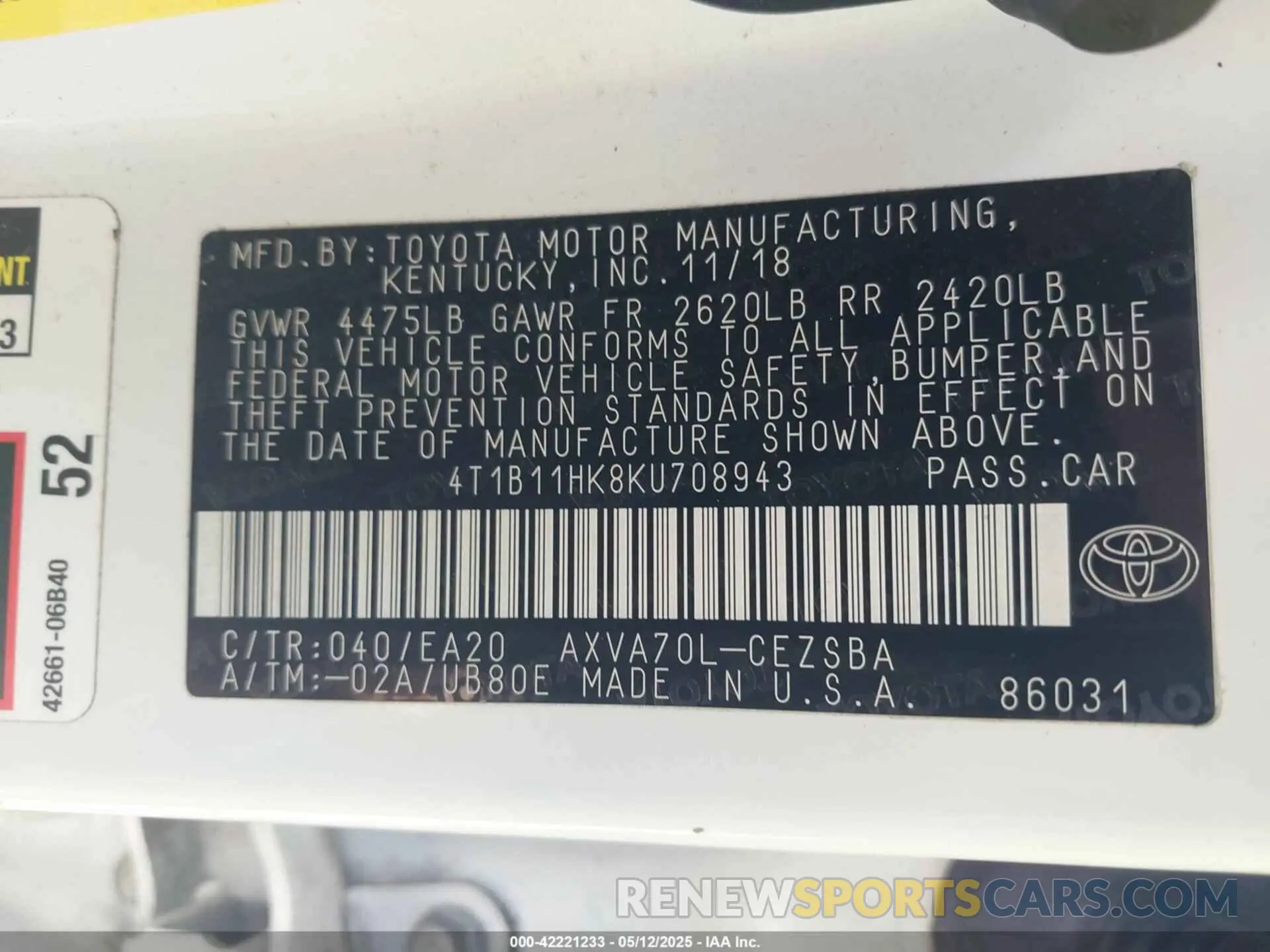 9 fotografías del automóvil dañado 4T1B11HK8KU708943 TOYOTA CAMRY 2019