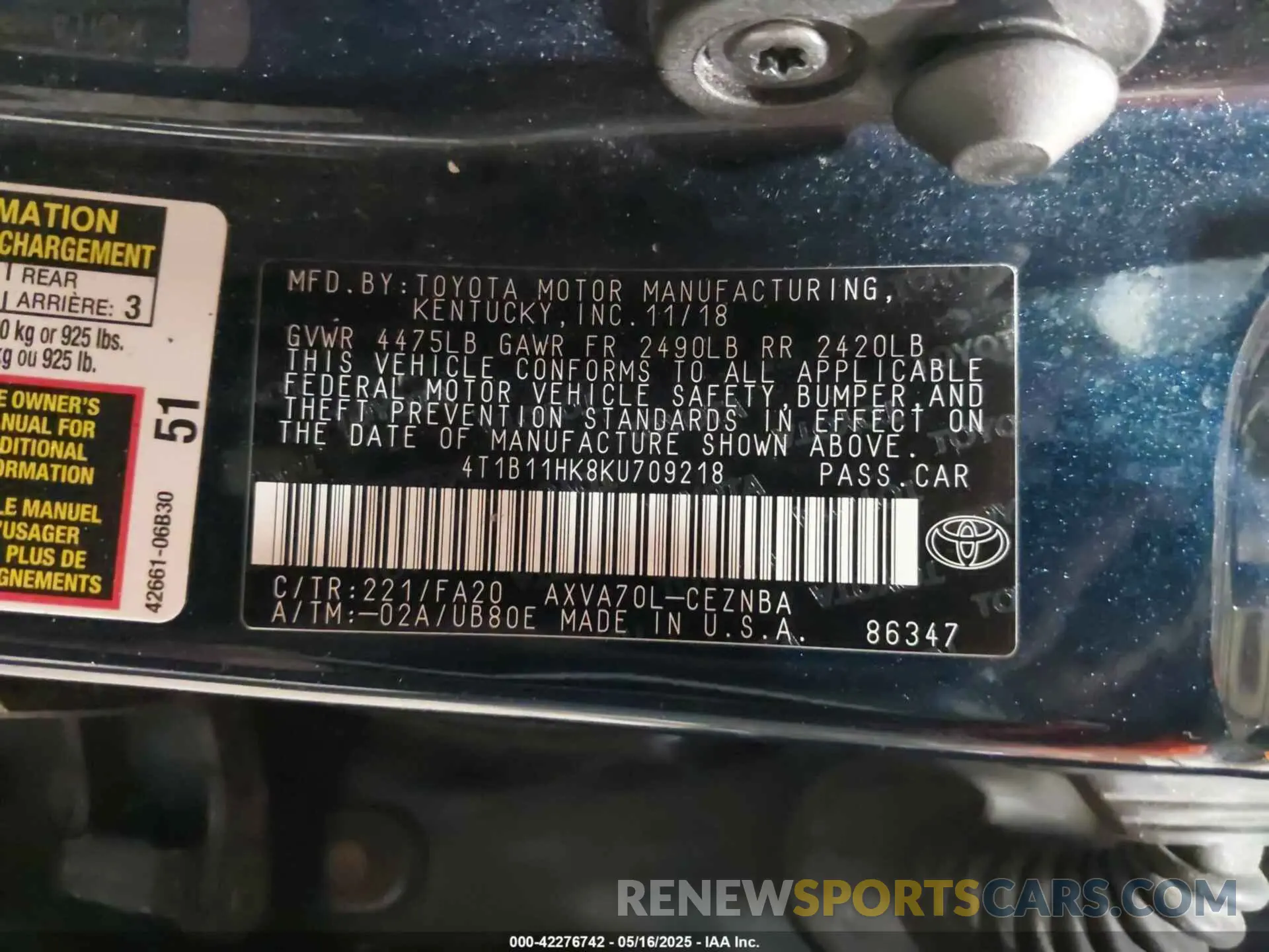 9 fotografías del automóvil dañado 4T1B11HK8KU709218 TOYOTA CAMRY 2019