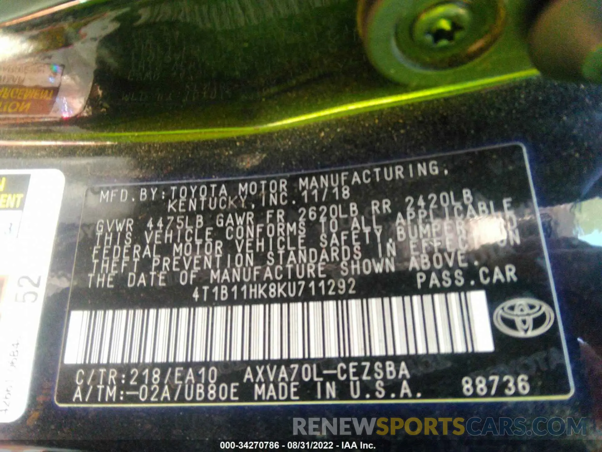 9 fotografías del automóvil dañado 4T1B11HK8KU711292 TOYOTA CAMRY 2019