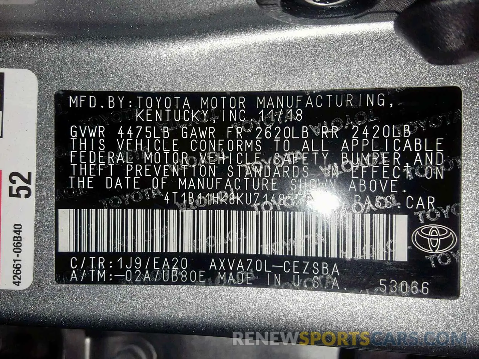 10 fotografías del automóvil dañado 4T1B11HK8KU714855 TOYOTA CAMRY 2019