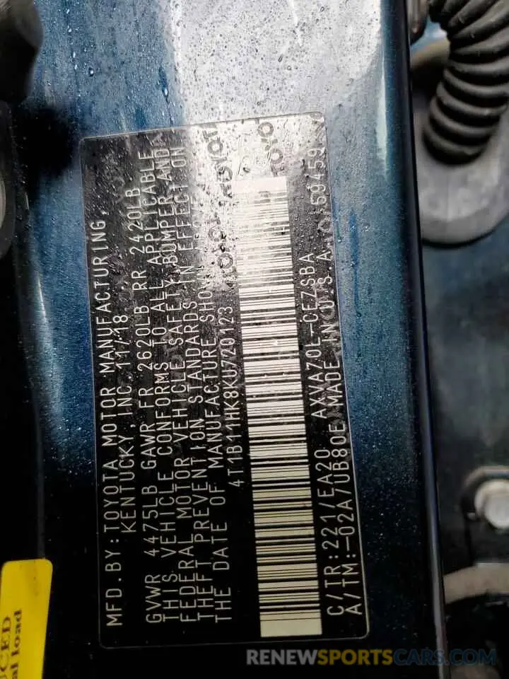 12 fotografías del automóvil dañado 4T1B11HK8KU720123 TOYOTA CAMRY 2019