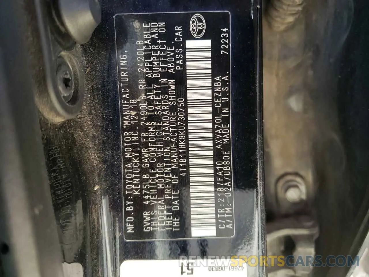 12 fotografías del automóvil dañado 4T1B11HK8KU730750 TOYOTA CAMRY 2019