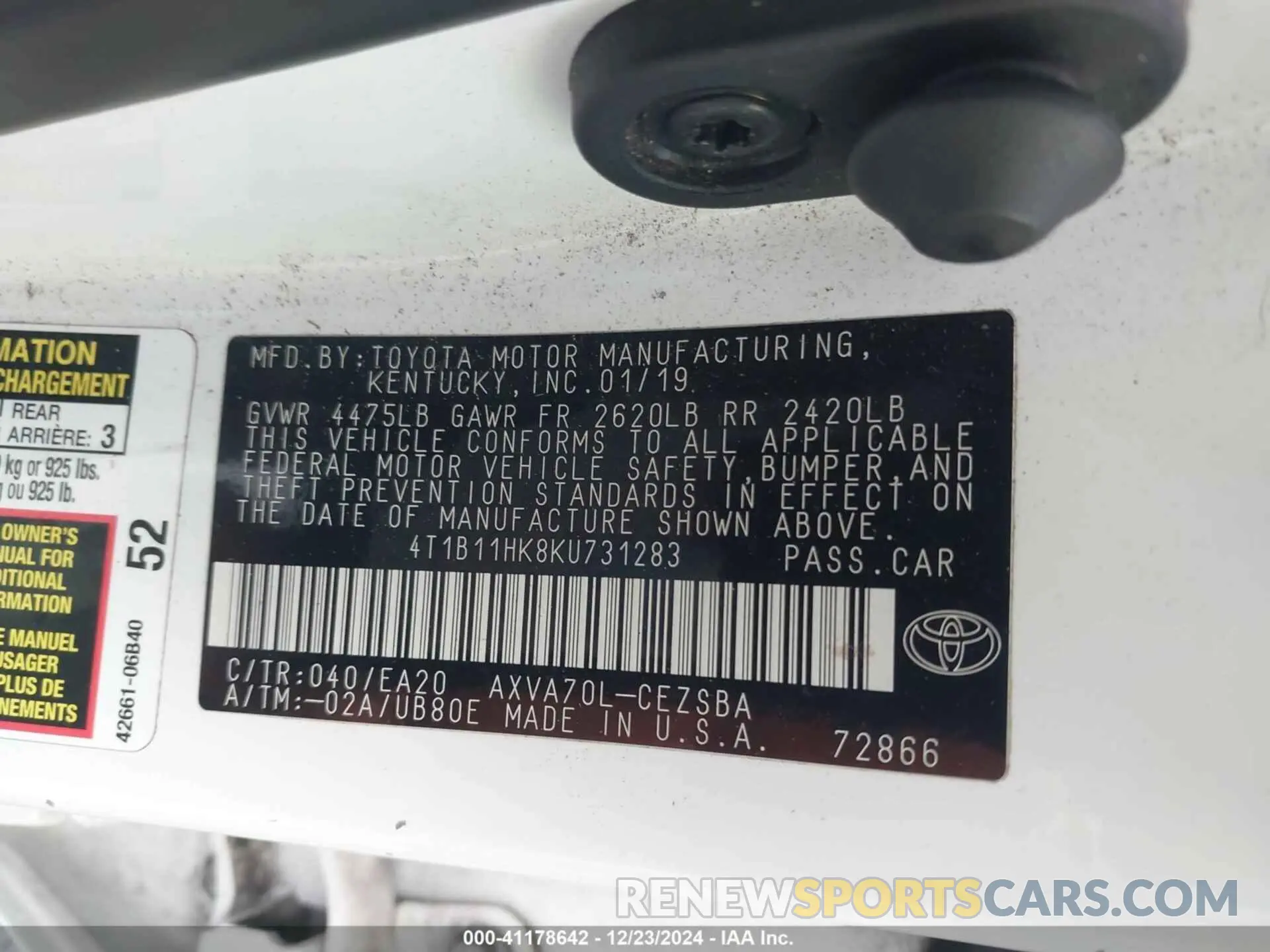 9 fotografías del automóvil dañado 4T1B11HK8KU731283 TOYOTA CAMRY 2019