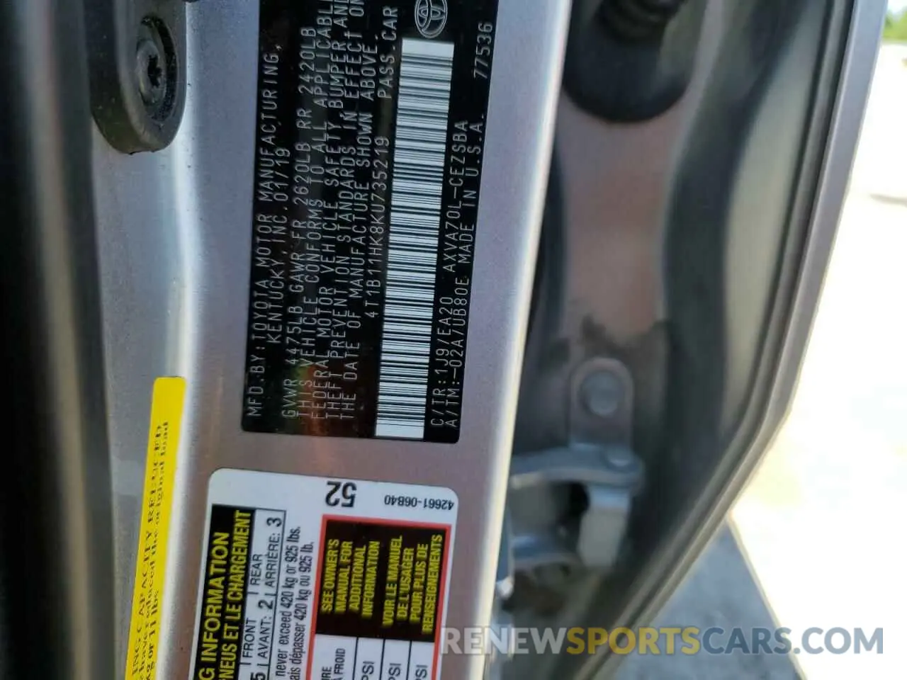 12 fotografías del automóvil dañado 4T1B11HK8KU735219 TOYOTA CAMRY 2019