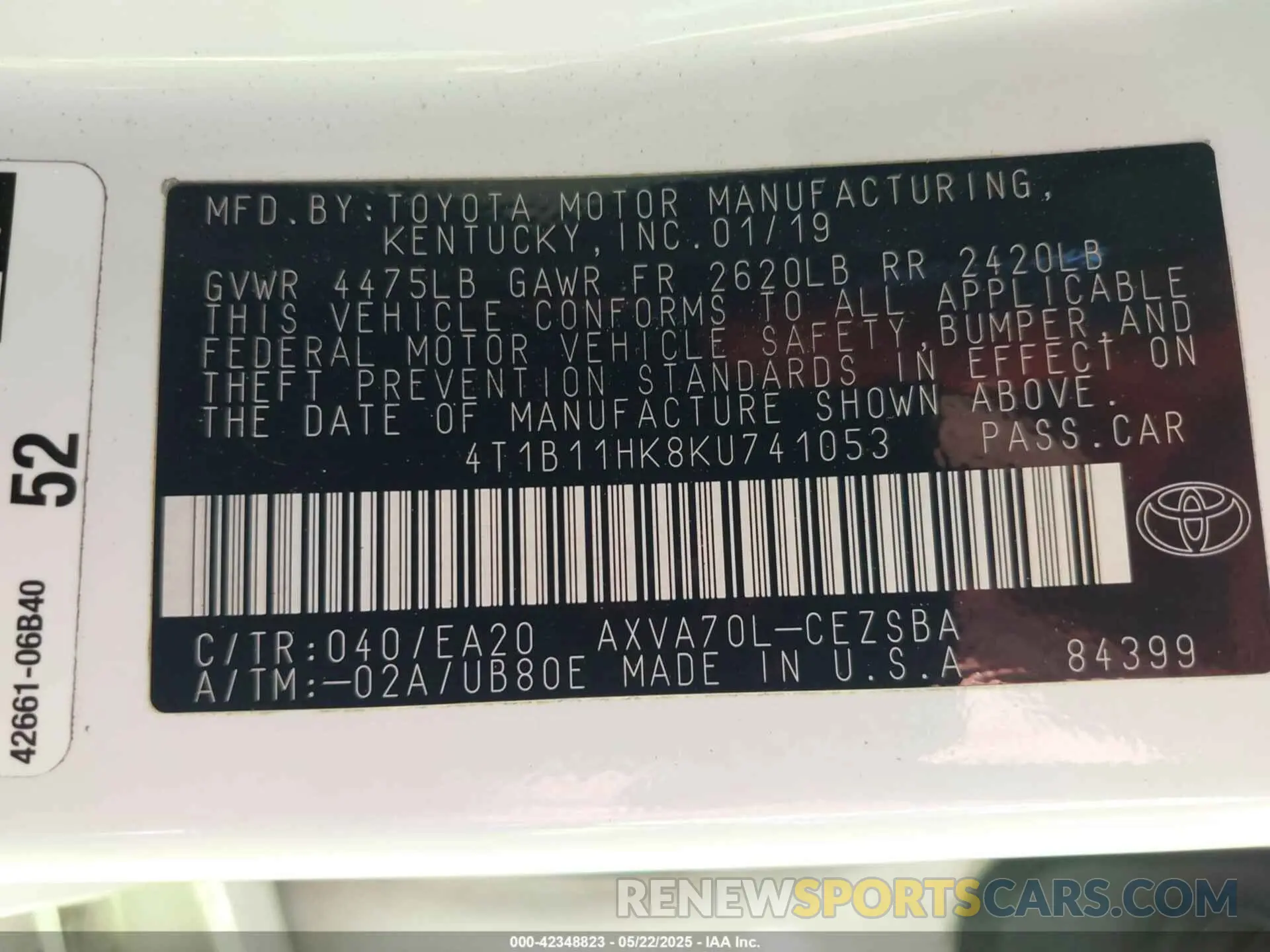 9 fotografías del automóvil dañado 4T1B11HK8KU741053 TOYOTA CAMRY 2019