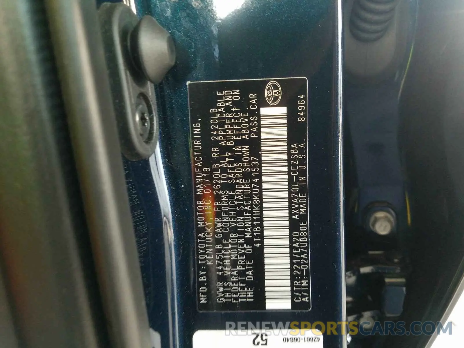 10 fotografías del automóvil dañado 4T1B11HK8KU741537 TOYOTA CAMRY 2019