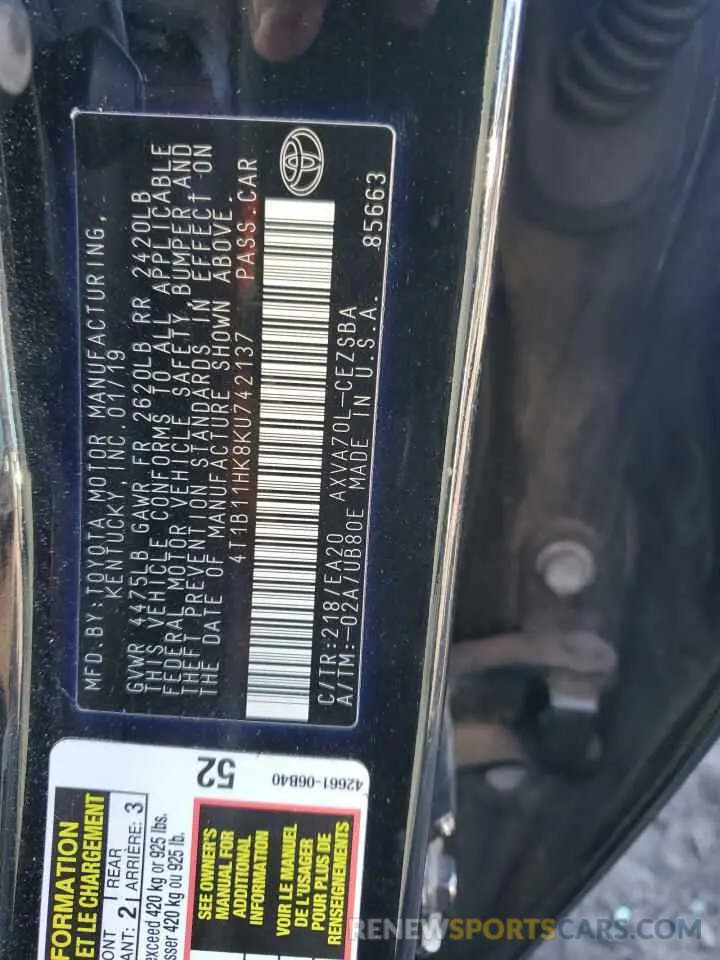 12 fotografías del automóvil dañado 4T1B11HK8KU742137 TOYOTA CAMRY 2019