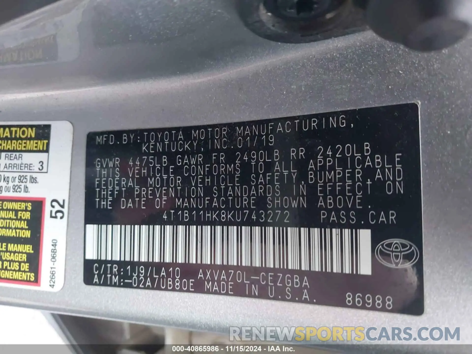 9 fotografías del automóvil dañado 4T1B11HK8KU743272 TOYOTA CAMRY 2019