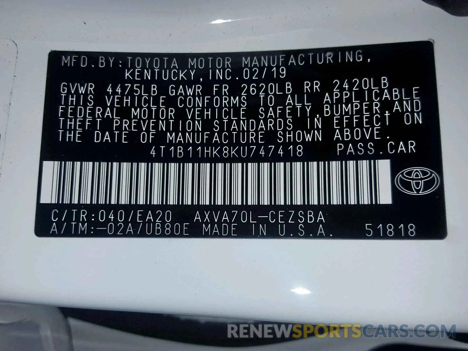 10 fotografías del automóvil dañado 4T1B11HK8KU747418 TOYOTA CAMRY 2019