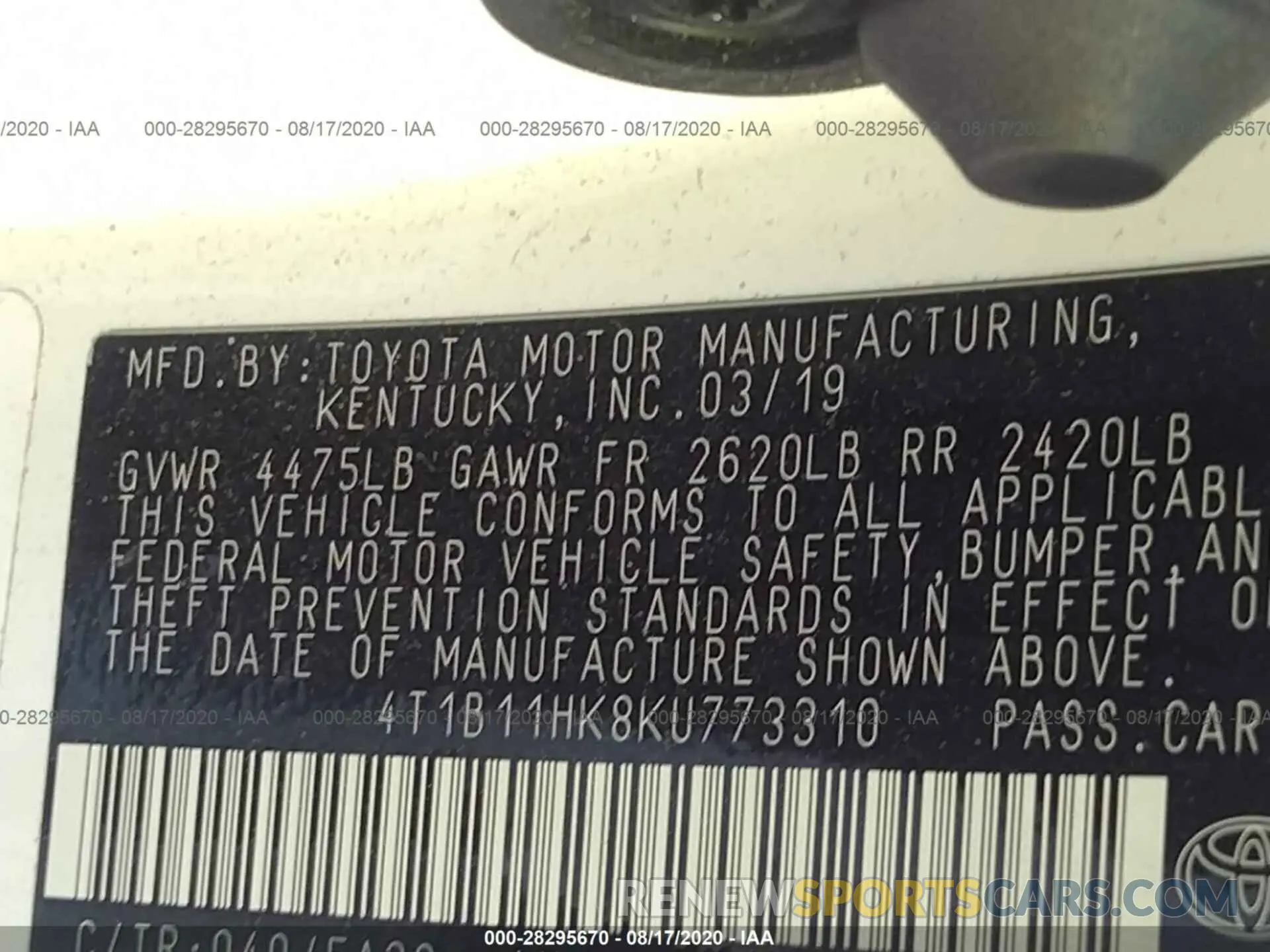 9 fotografías del automóvil dañado 4T1B11HK8KU773310 TOYOTA CAMRY 2019