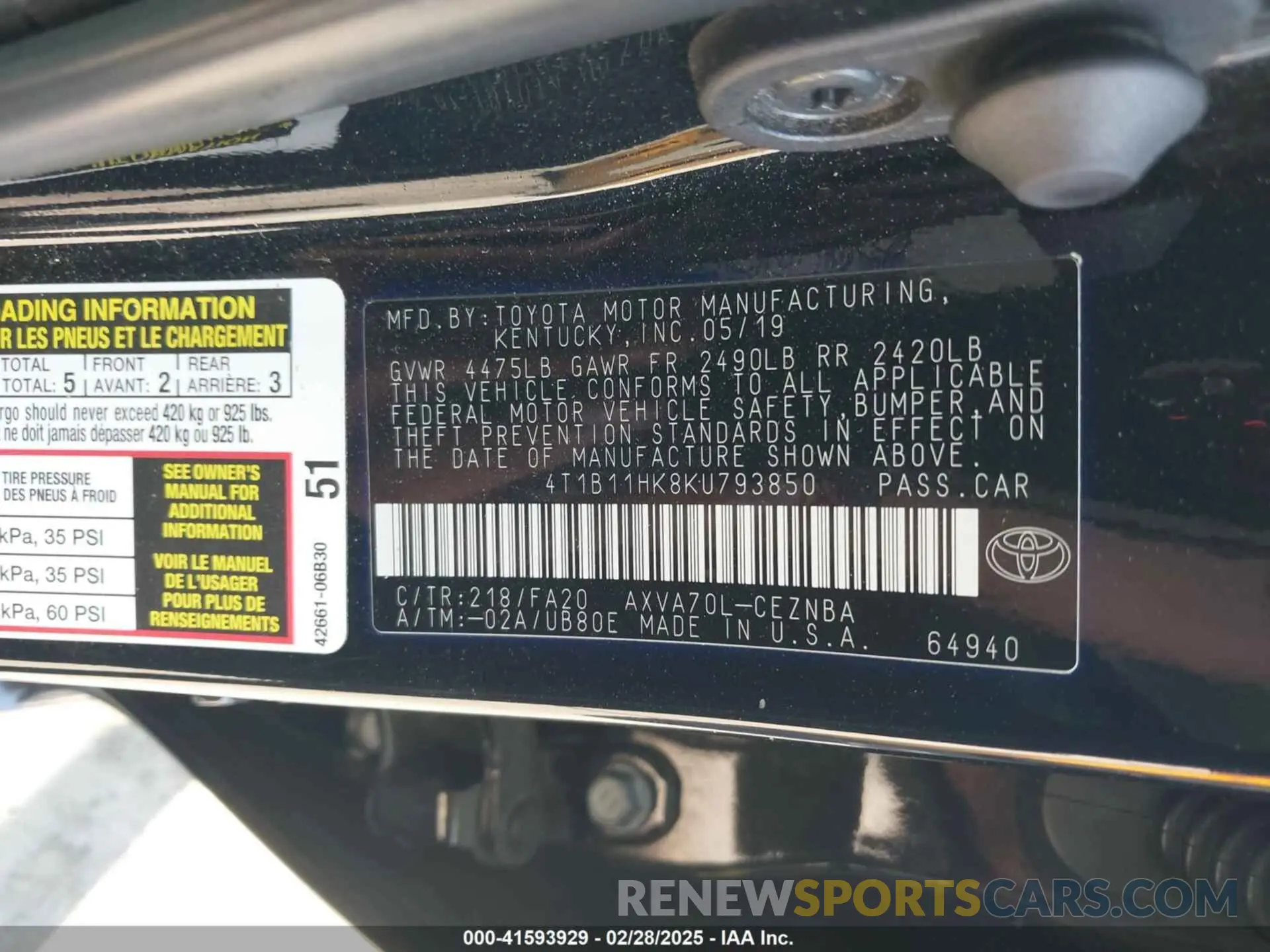 9 fotografías del automóvil dañado 4T1B11HK8KU793850 TOYOTA CAMRY 2019