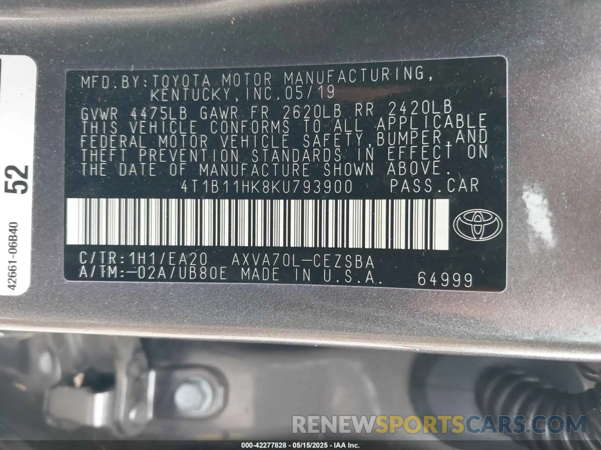 9 fotografías del automóvil dañado 4T1B11HK8KU793900 TOYOTA CAMRY 2019