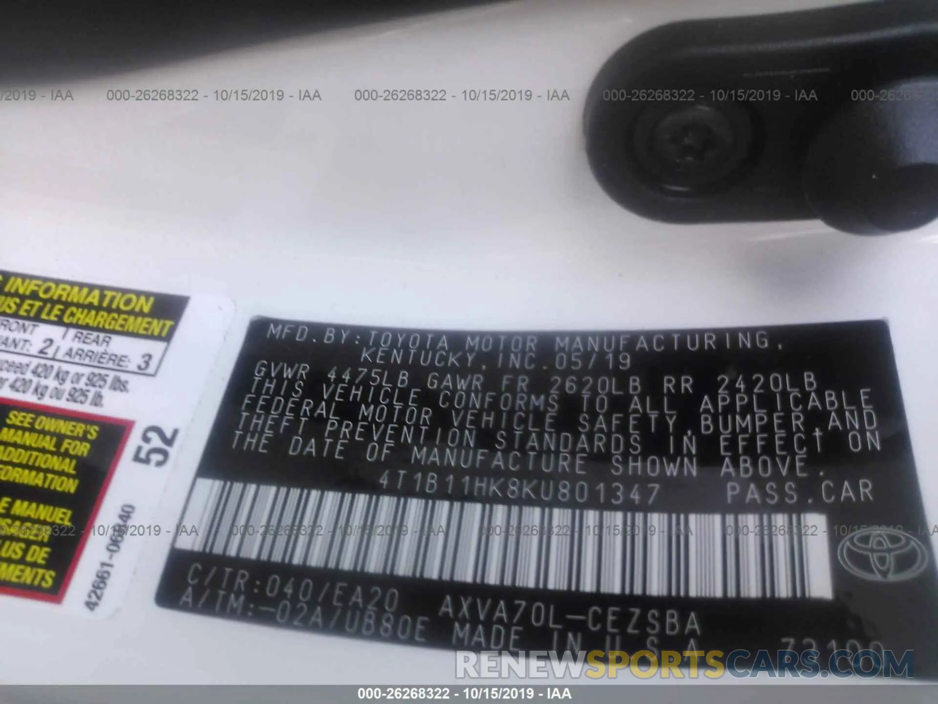 9 fotografías del automóvil dañado 4T1B11HK8KU801347 TOYOTA CAMRY 2019