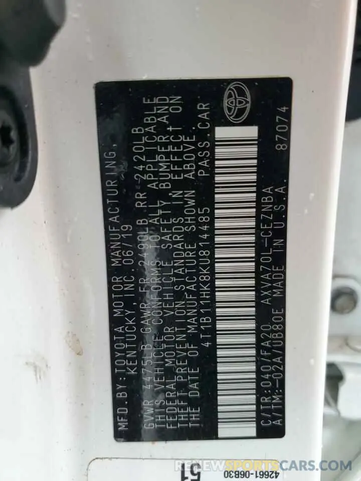 12 fotografías del automóvil dañado 4T1B11HK8KU814485 TOYOTA CAMRY 2019