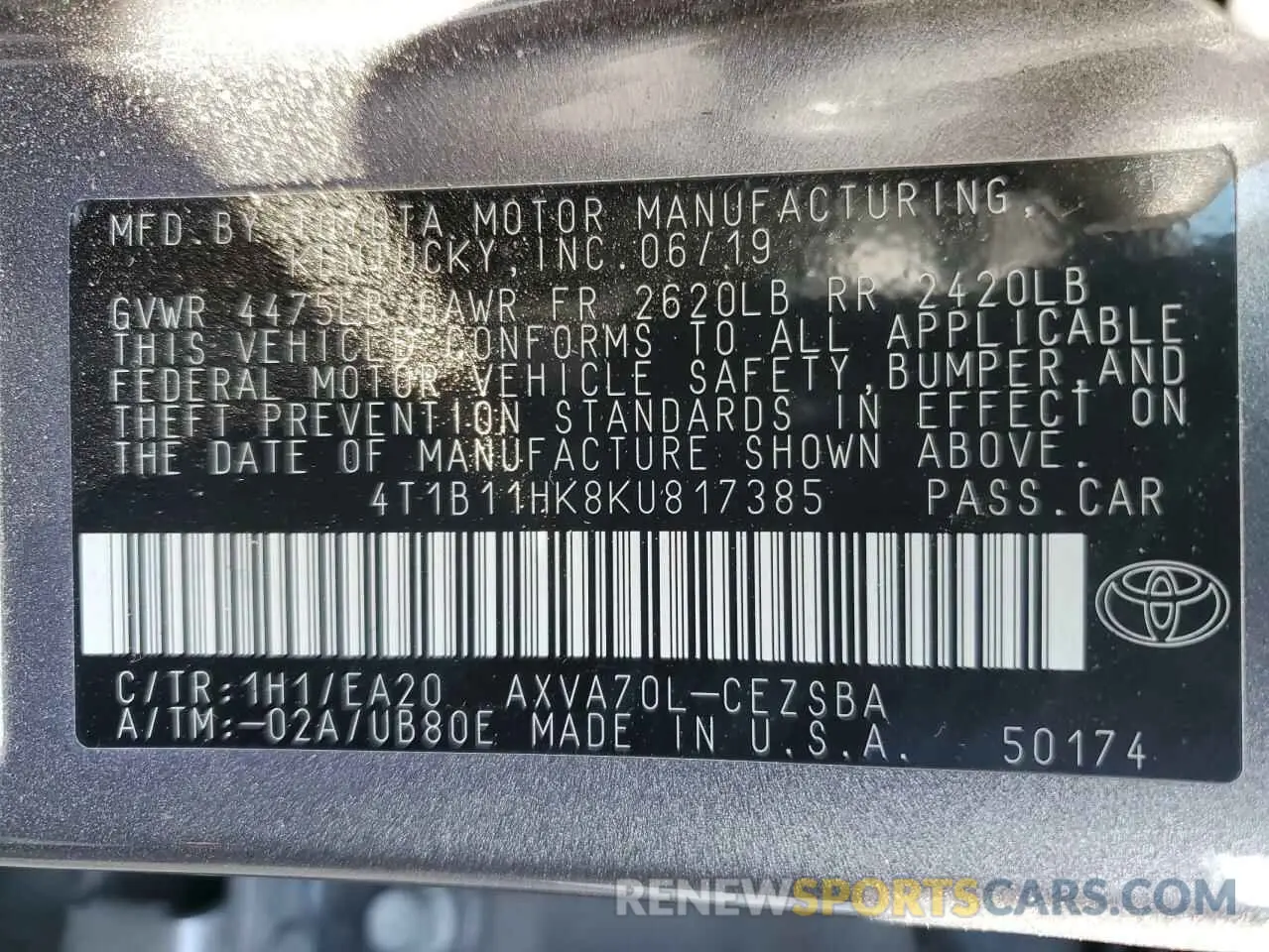 13 fotografías del automóvil dañado 4T1B11HK8KU817385 TOYOTA CAMRY 2019