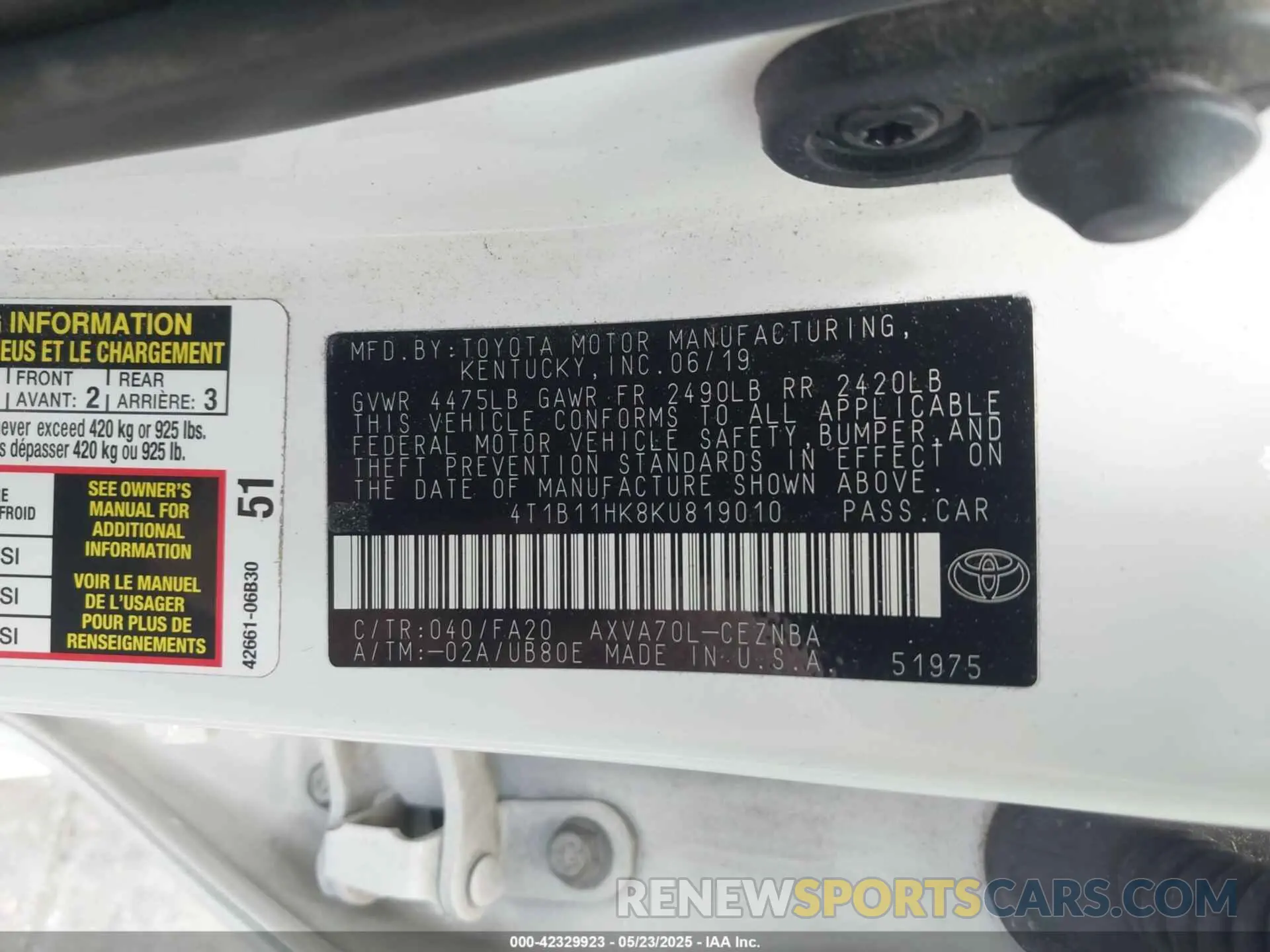9 fotografías del automóvil dañado 4T1B11HK8KU819010 TOYOTA CAMRY 2019