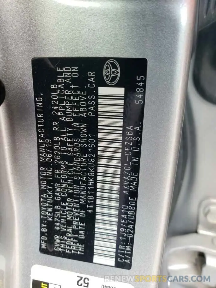 12 fotografías del automóvil dañado 4T1B11HK8KU821601 TOYOTA CAMRY 2019