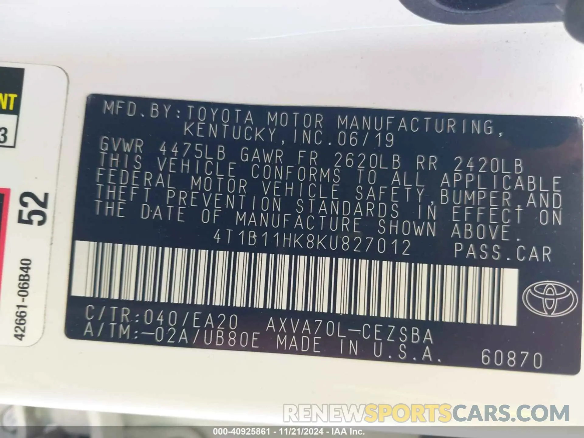 9 fotografías del automóvil dañado 4T1B11HK8KU827012 TOYOTA CAMRY 2019