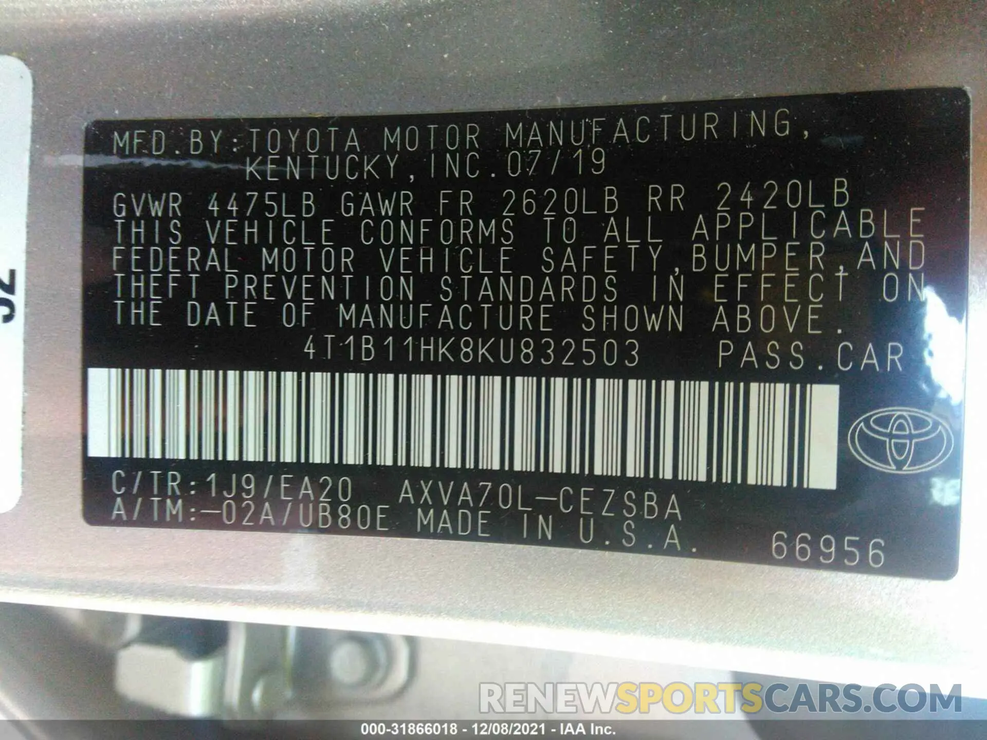 9 fotografías del automóvil dañado 4T1B11HK8KU832503 TOYOTA CAMRY 2019