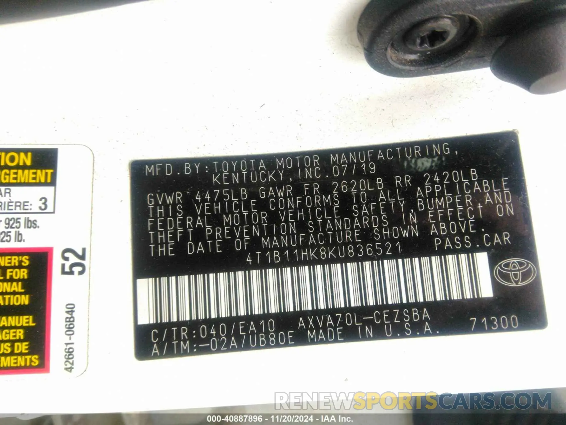 9 fotografías del automóvil dañado 4T1B11HK8KU836521 TOYOTA CAMRY 2019