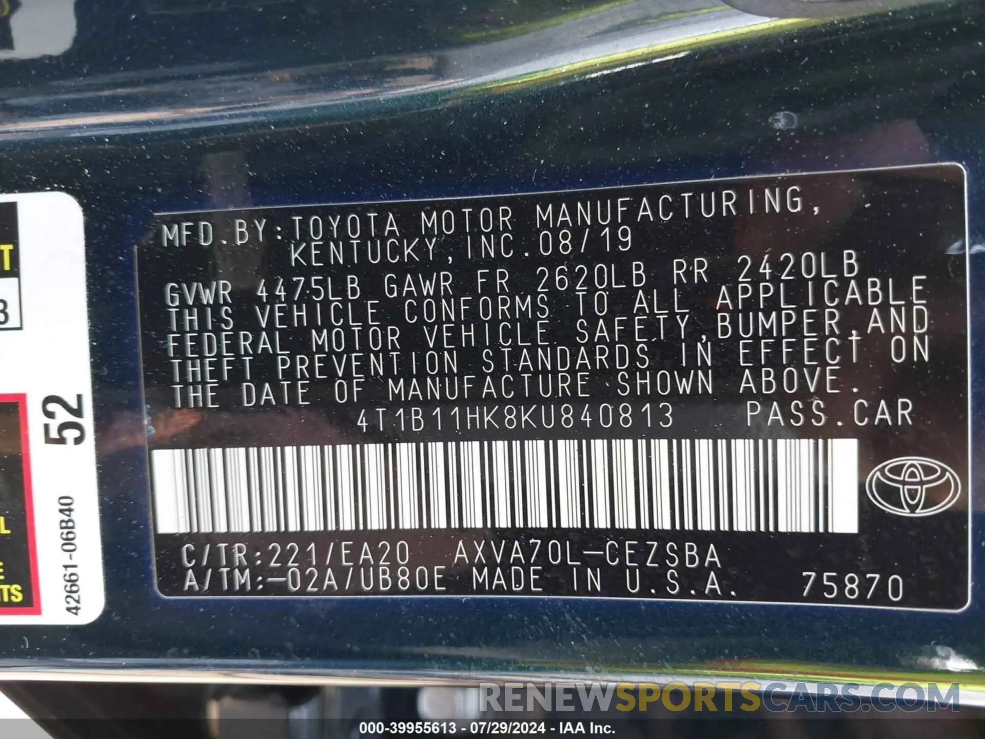 9 fotografías del automóvil dañado 4T1B11HK8KU840813 TOYOTA CAMRY 2019