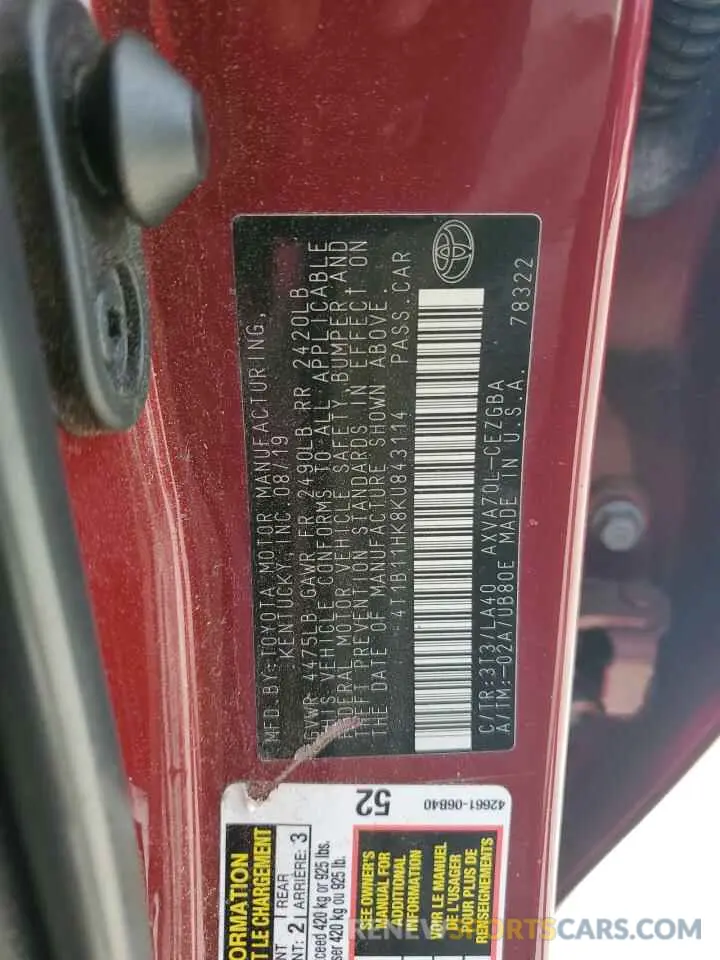 12 fotografías del automóvil dañado 4T1B11HK8KU843114 TOYOTA CAMRY 2019