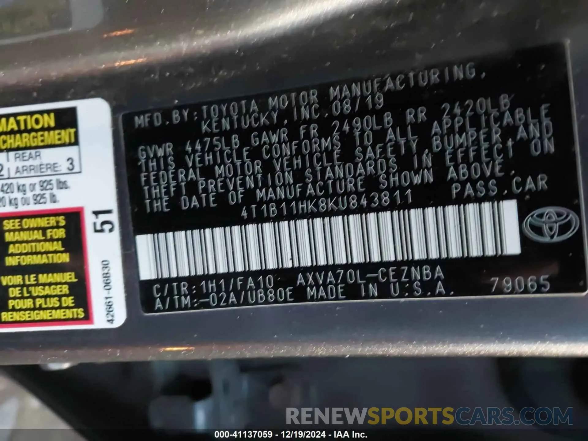 9 fotografías del automóvil dañado 4T1B11HK8KU843811 TOYOTA CAMRY 2019